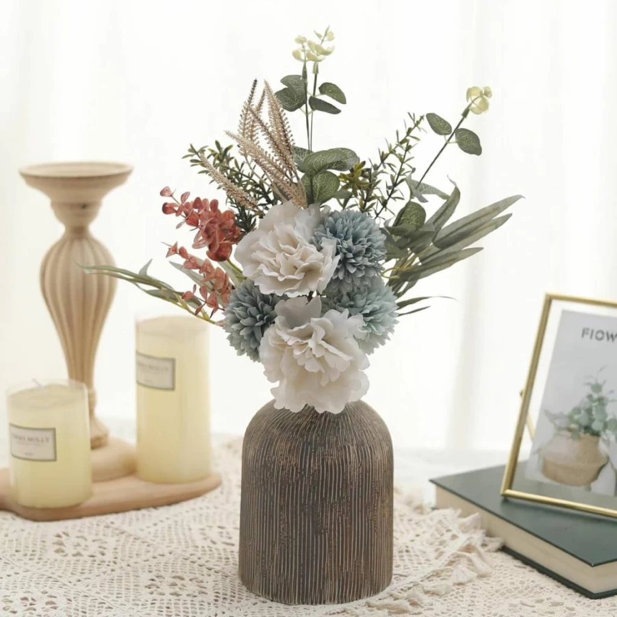 2Pcs SHIENOR Artificial Silk Peonies Bouquet - White & Green Faux Flowers for Wedding, Bridal, Rustic Home Decor, Table Centerpieces, and Indoor Floral Arrangements