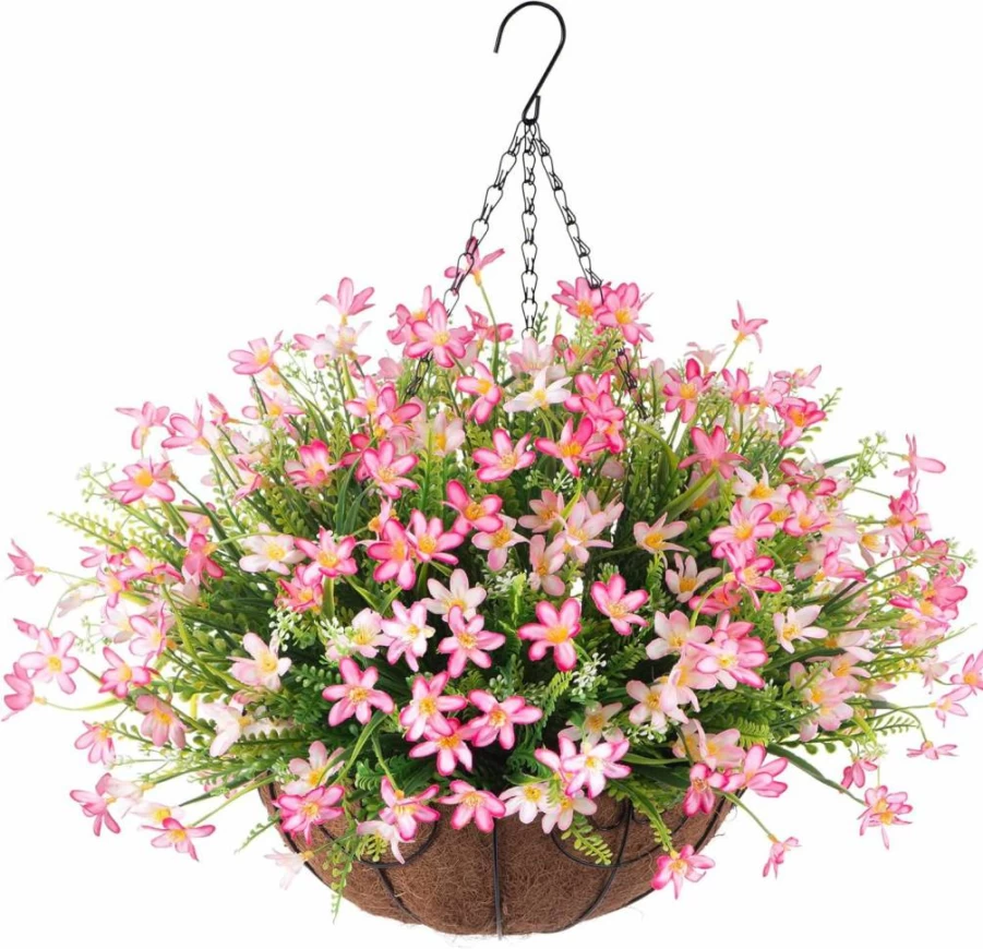 Ammyoo UV Resistant Artificial Violet Flowers in Hanging Basket - Outdoor Fake Plants for Porch, Patio, Garden & Balcony Decor (Purple)