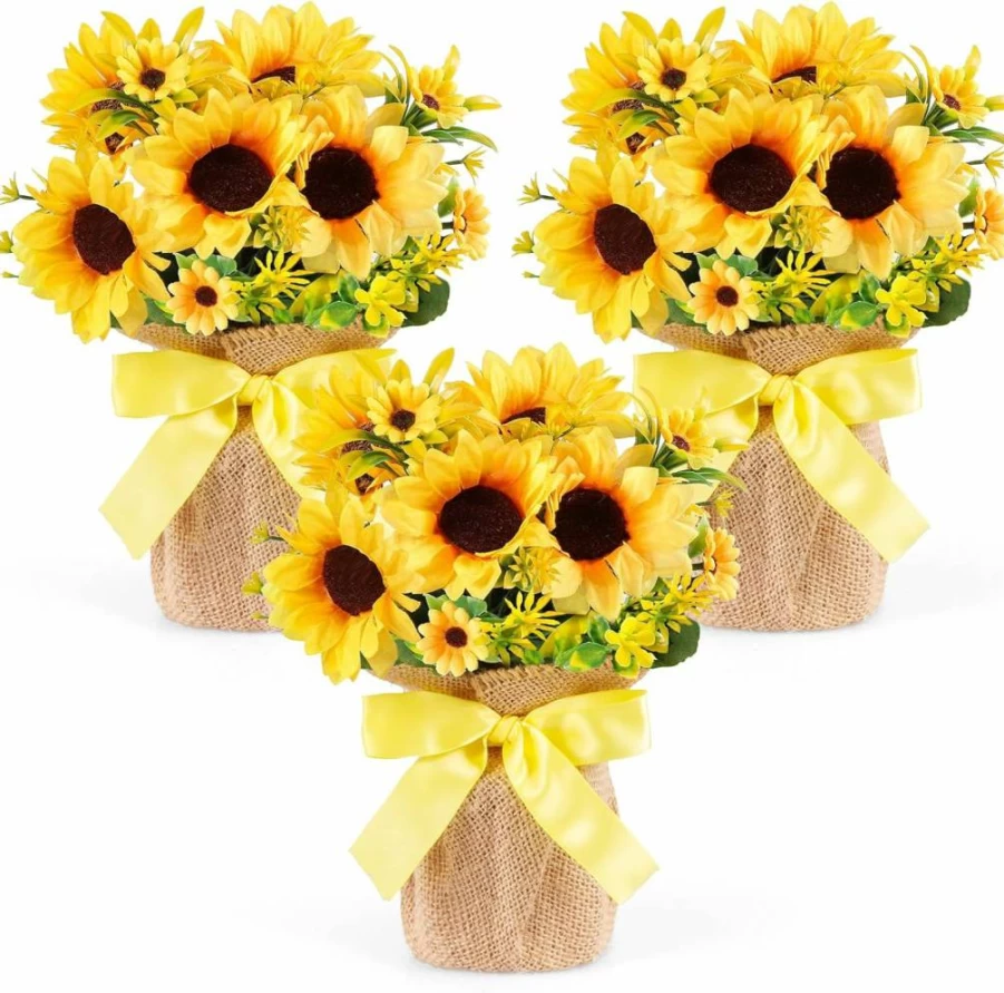 Dlerom 3 Pack Artificial Sunflower Potted Plants in Burlap Vases - Fake Plastic Sunflowers for Indoor Outdoor Home Office Farmhouse Decor, Spring Summer Table Centerpiece