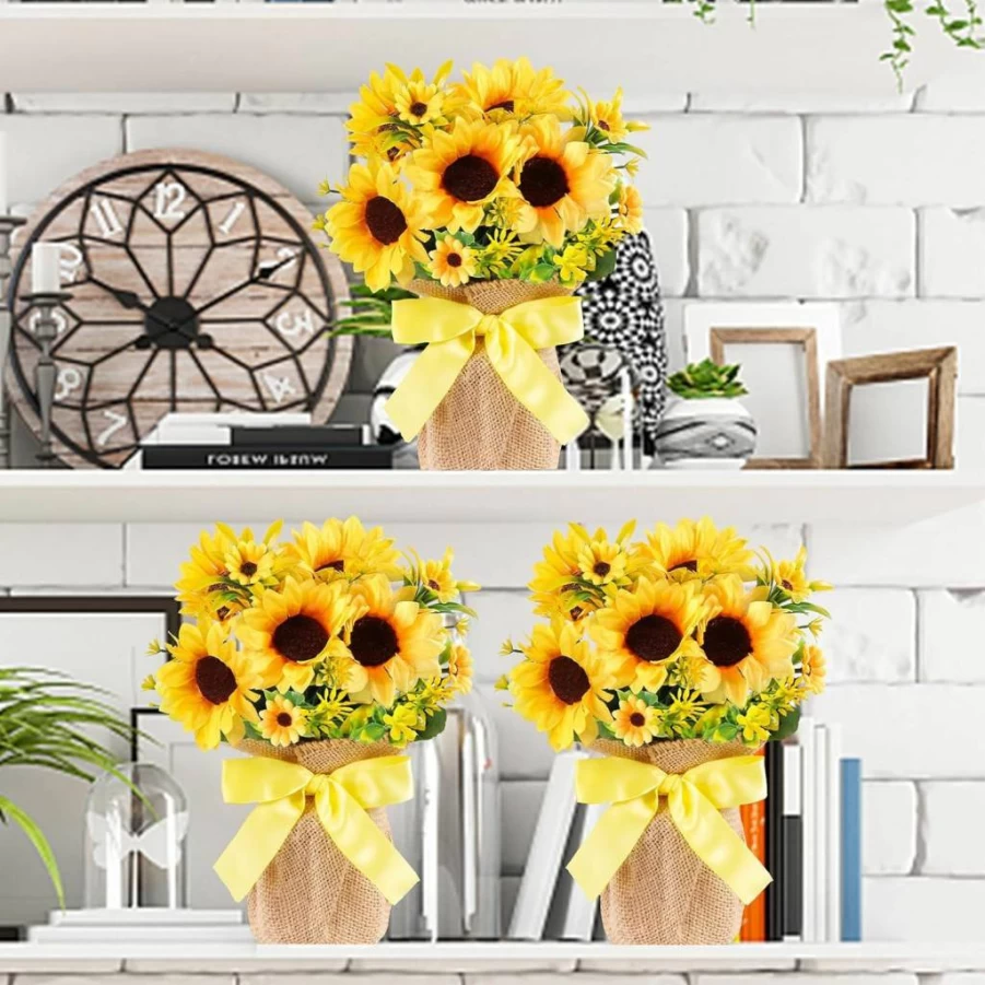 Dlerom 3 Pack Artificial Sunflower Potted Plants in Burlap Vases - Fake Plastic Sunflowers for Indoor Outdoor Home Office Farmhouse Decor, Spring Summer Table Centerpiece