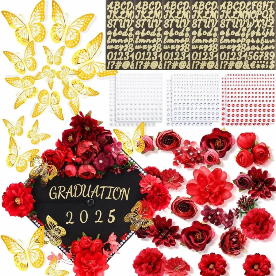 Hoteam DIY Graduation Cap Decoration Kit with Faux Flowers, 3D Butterflies, Rhinestones & Glitter Letters for Custom Grad Cap Art – Red