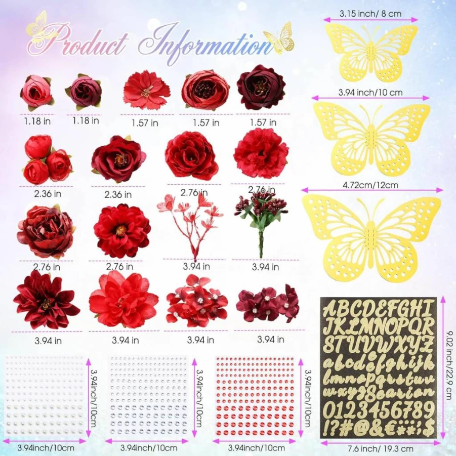 Hoteam DIY Graduation Cap Decoration Kit with Faux Flowers, 3D Butterflies, Rhinestones & Glitter Letters for Custom Grad Cap Art – Red