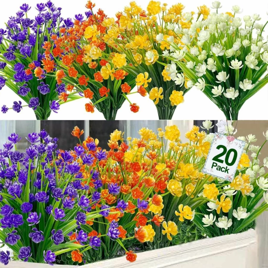 TURNMEON 20 Bundles UV Resistant Artificial Flowers for Outdoor Decor, Faux Plastic Greenery Shrubs for Home, Porch, and Cemetery, 580 Heads Mixed Colors, Fake Plants Summer Decor