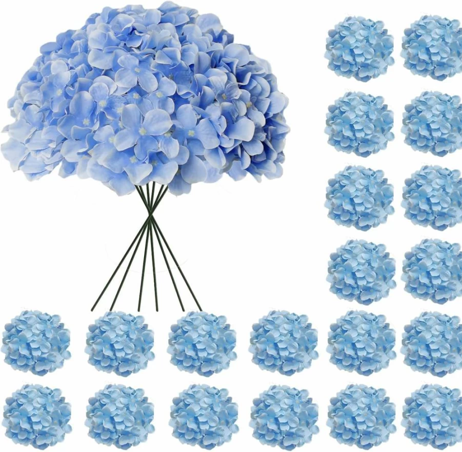 Cherica 20 Pcs Blue Artificial Hydrangea Flowers with Stems, Faux Silk Hydrangea Bulk for Wedding Decor, Home Decoration, and Floral Arrangements