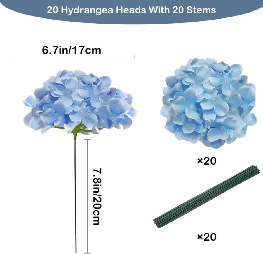 Cherica 20 Pcs Blue Artificial Hydrangea Flowers with Stems, Faux Silk Hydrangea Bulk for Wedding Decor, Home Decoration, and Floral Arrangements