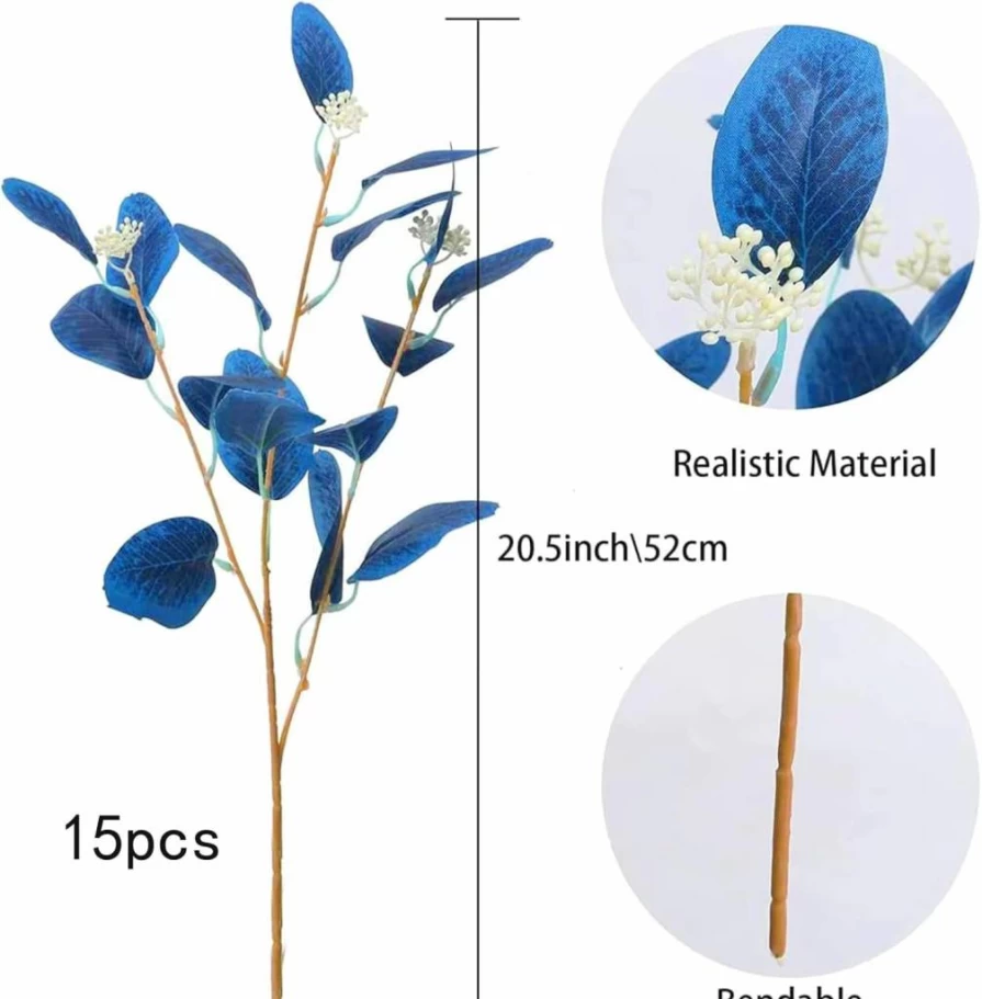 GTIDEA 6Pcs Artificial Eucalyptus Stems with Seeds - Blue Silver Dollar Faux Greenery Branches for Home Decor, Kitchen, Vase Flower Arrangement