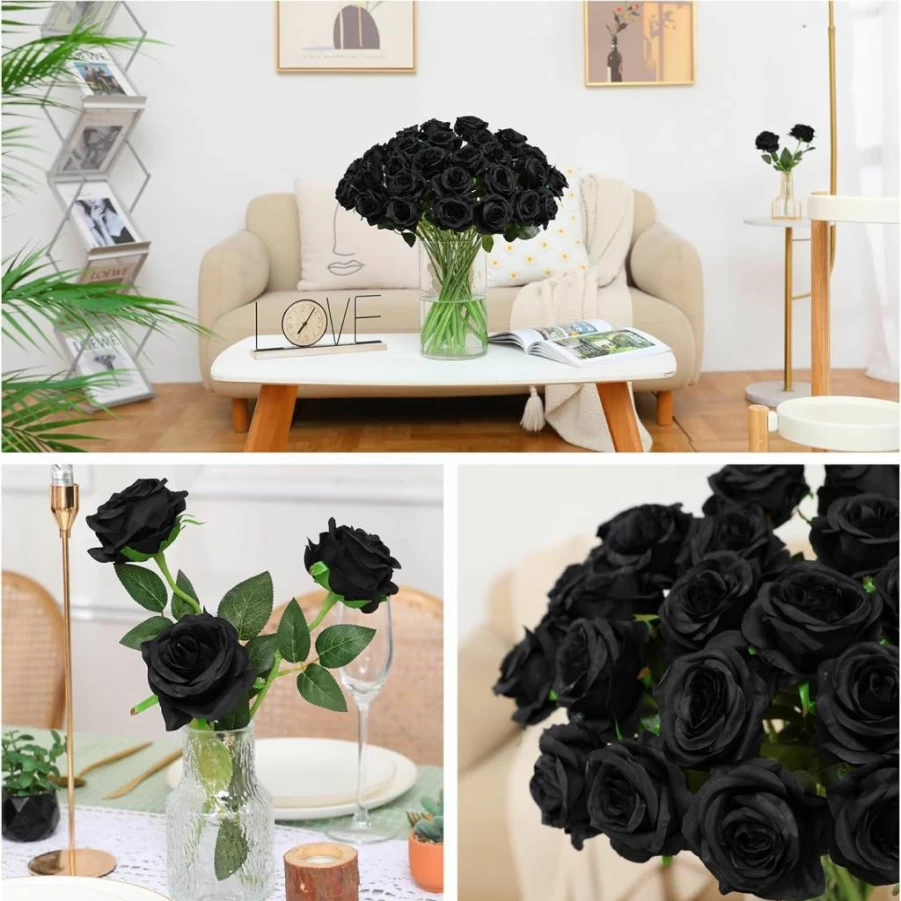 Tifuly 50 Pcs Realistic Artificial Red Roses Bouquet, Long Stem Silk Fake Flowers for Wedding Centerpieces, Table Vases, Home, Kitchen, and Party Decor