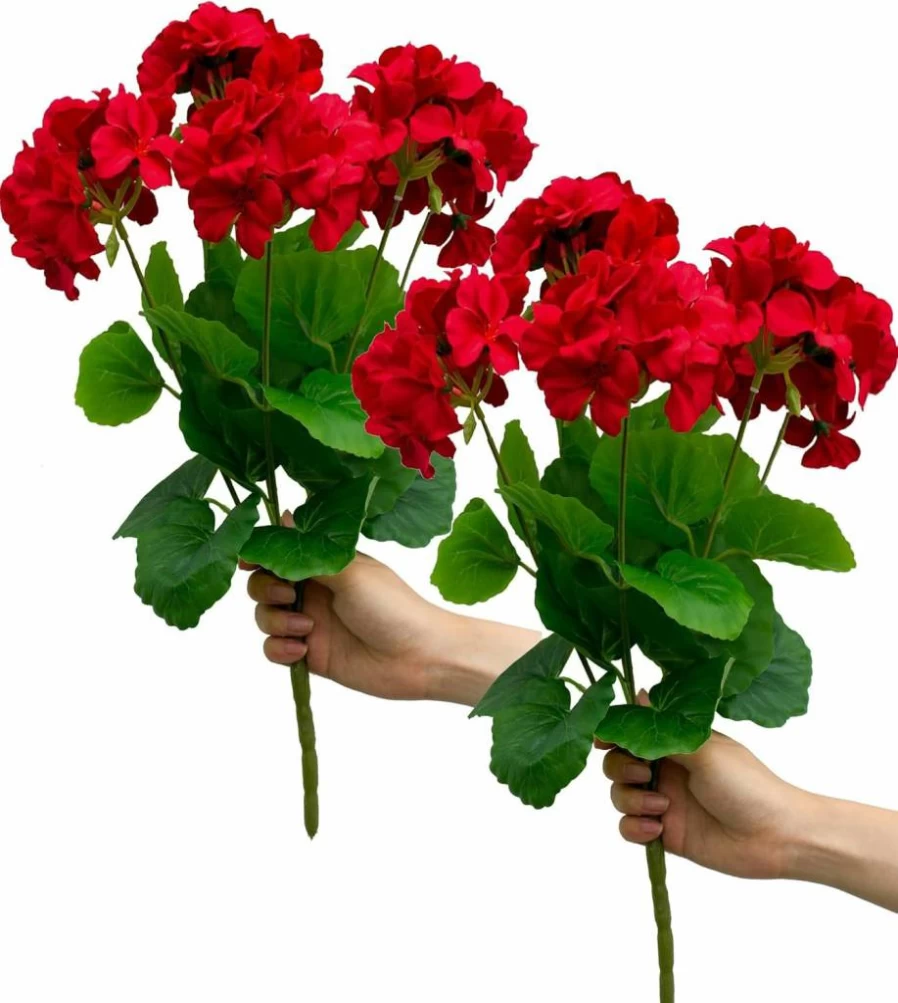 2Pcs Mumiko 18" Ruby Red Artificial Geranium Silk Flowers for Indoor Outdoor Home Garden Decor