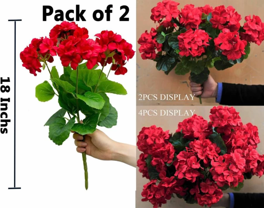 2Pcs Mumiko 18" Ruby Red Artificial Geranium Silk Flowers for Indoor Outdoor Home Garden Decor