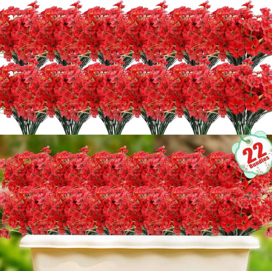 Powbrace 22 Bundles Artificial Silk Flowers for Outdoor Decor - UV Resistant Faux Plants for Hanging Planters, Window Boxes, Porch & Garden (Multi-Color)