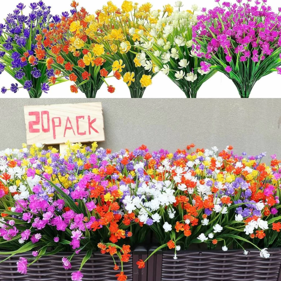 Kingsboomy 20-Pack UV Resistant Artificial Flowers for Indoor Outdoor Decor - Fake Plants Greenery Shrubs in 5 Colors for Hanging Planters, Window Boxes, Farmhouse, Garden, Patio, Porch