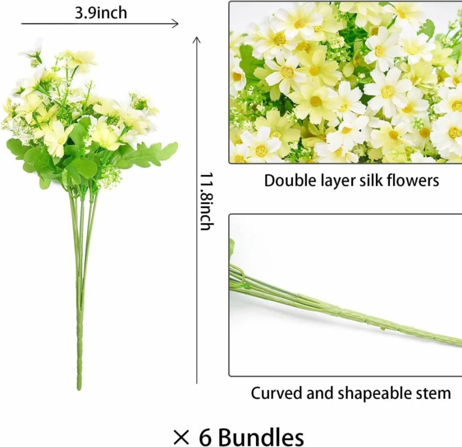 Pretty Jolly 6 Bundles UV Resistant Artificial Flowers for Indoor & Outdoor Decor - Faux Silk Daisy Mums Bouquet, Hanging Plants for Home, Garden, Farmhouse (Rainbow Colors, No Fade)