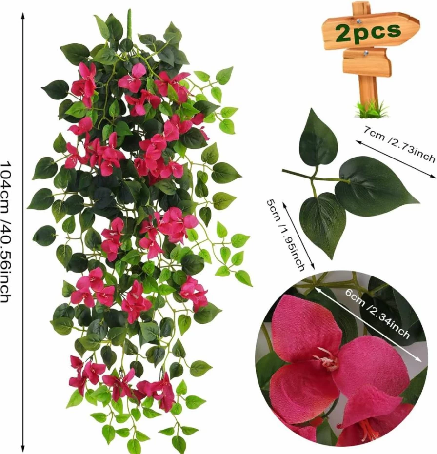 Elecxlink UV Resistant Artificial Hanging Bougainvillea Flowers - Fake Plastic Faux Vine for Indoor Outdoor Garden, Porch, Wedding & Wall Decor
