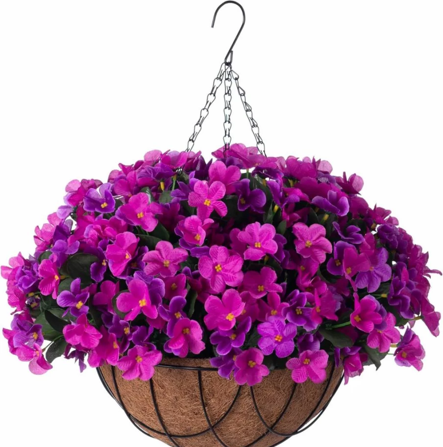 INXUGAO Artificial Hydrangea Hanging Basket - 4 Branch Violet Fake Flowers for Outdoor & Indoor Decor, Coconut Lining Home Courtyard Spring Summer Hanging Planter