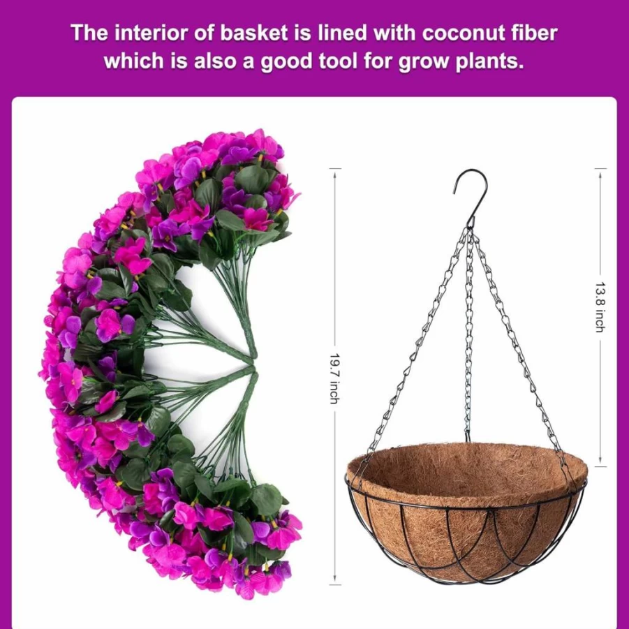 INXUGAO Artificial Hydrangea Hanging Basket - 4 Branch Violet Fake Flowers for Outdoor & Indoor Decor, Coconut Lining Home Courtyard Spring Summer Hanging Planter