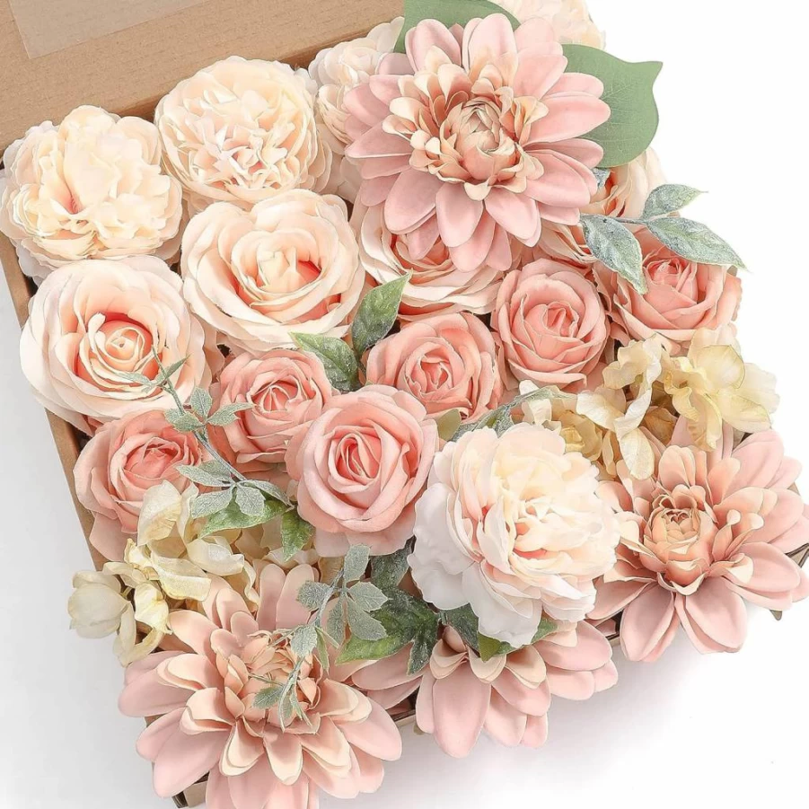 YYHUAWU Artificial Flowers Combo Box Set - DIY Gradient Color Bouquet with Stems for Wedding, Baby Shower, Centerpieces, Home Decor (Ivory)