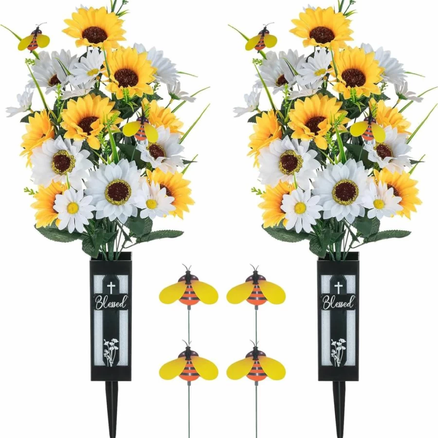 Memobloom Artificial Sunflower Grave Flowers - 2 Pack Yellow White Cemetery Bouquets with Vase, Durable Outdoor Grave Decorations for Spring & All Seasons