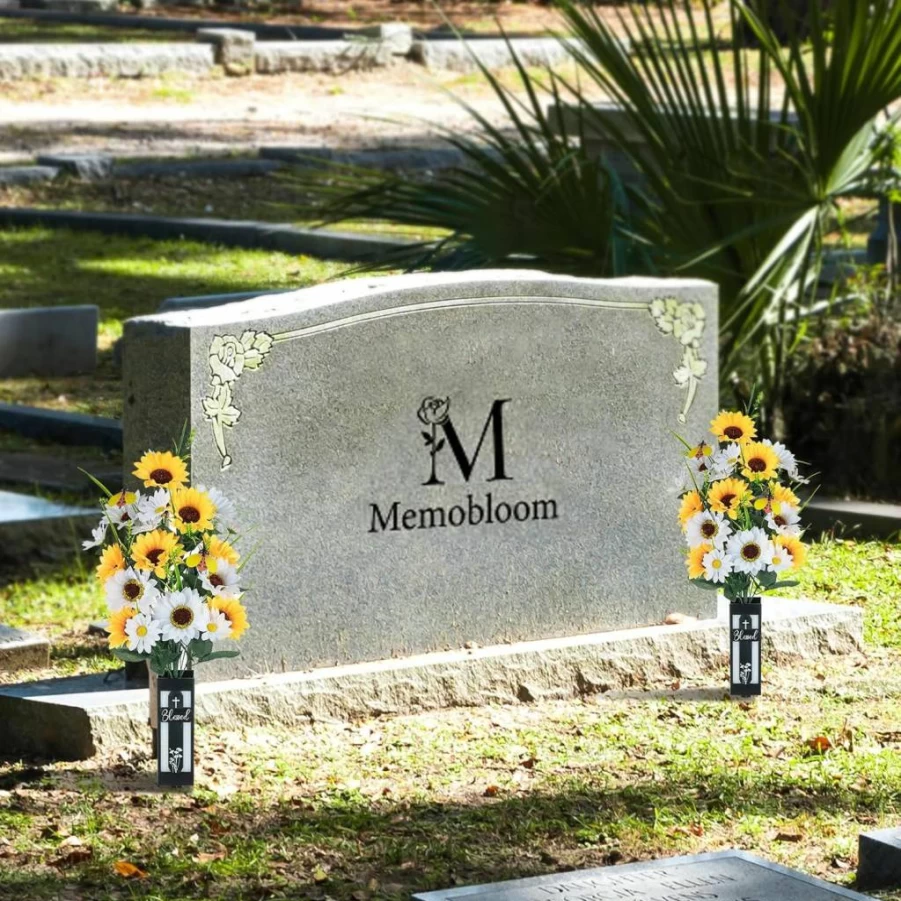 Memobloom Artificial Sunflower Grave Flowers - 2 Pack Yellow White Cemetery Bouquets with Vase, Durable Outdoor Grave Decorations for Spring & All Seasons