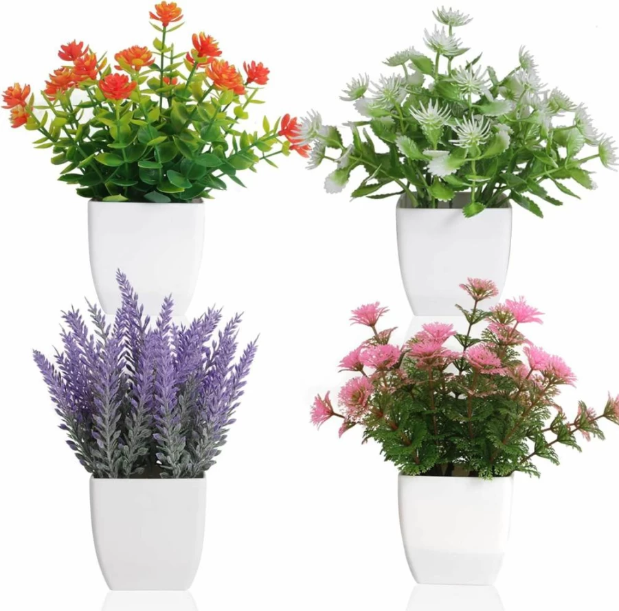 Yoratee Artificial Small Potted Plants - 6Pcs Fake Flowers for Indoor Decor, Bathroom, Office, Tabletop, Window - Colorful Home Decor