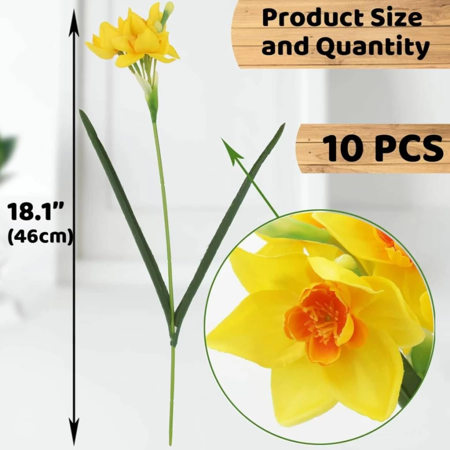 Hananona 10 Pack Yellow Artificial Daffodils Silk Flowers for Home Wedding Decor - Indoor Outdoor Faux Narcissus Spring Floral Arrangement