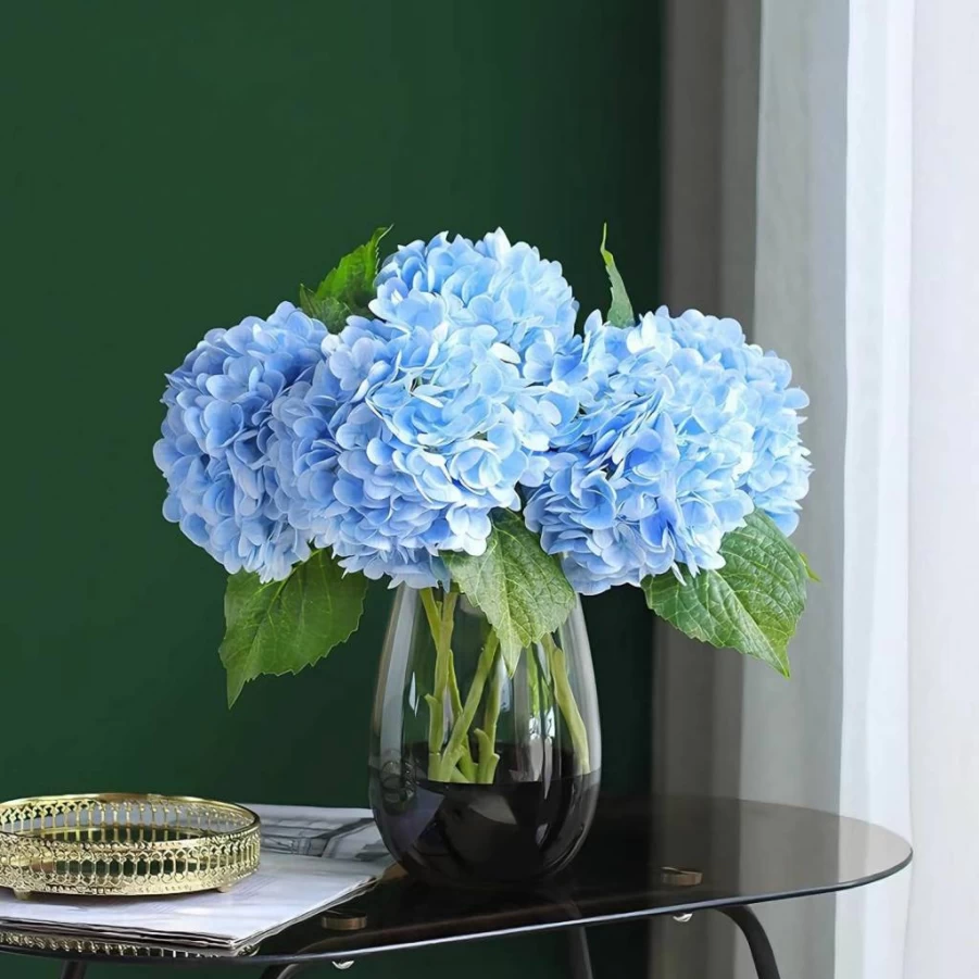 Katflyee 4 Pack 21" Light Blue Artificial Hydrangea Stems - Real Touch Faux Flowers for Wedding Decor, Valentine's Day Gifts, Home Arrangements & Vase Fillers