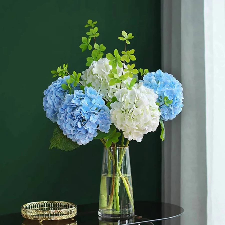 Katflyee 4 Pack 21" Light Blue Artificial Hydrangea Stems - Real Touch Faux Flowers for Wedding Decor, Valentine's Day Gifts, Home Arrangements & Vase Fillers
