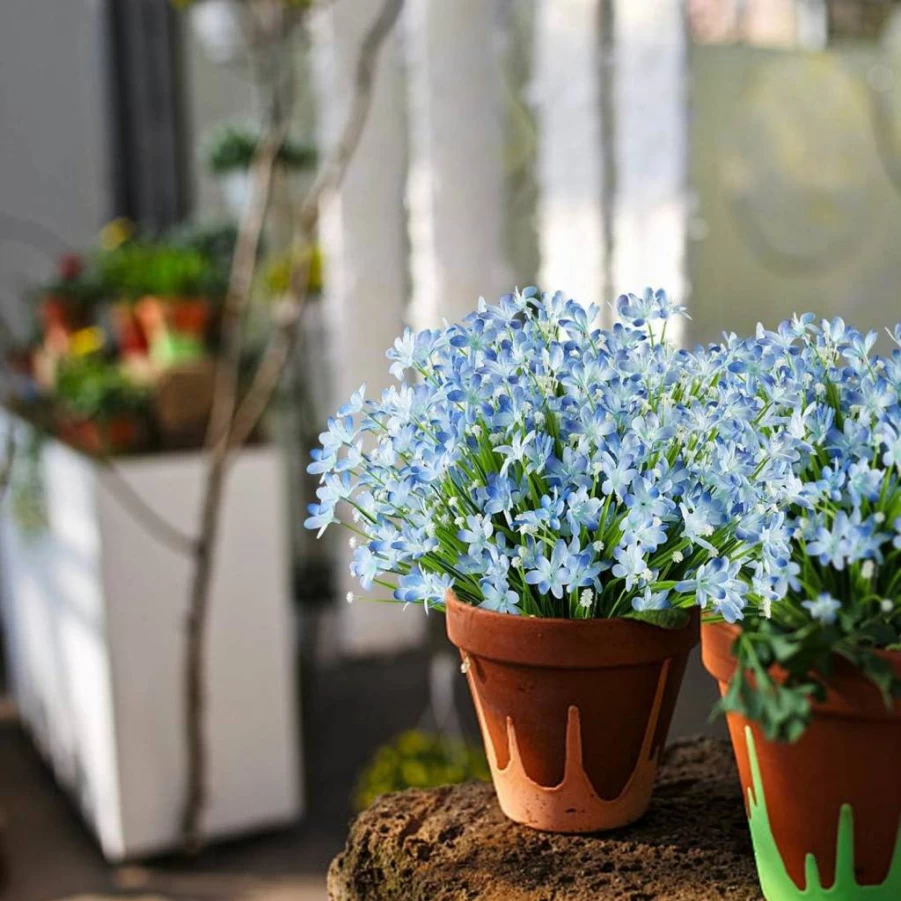 URSTOUD 6 Bundles Blue Artificial Daffodils Flowers, UV Resistant Faux Plastic Plants for Wedding Bouquet, Indoor Outdoor Home Garden Decor, Kitchen Office Table Vase Centerpiece