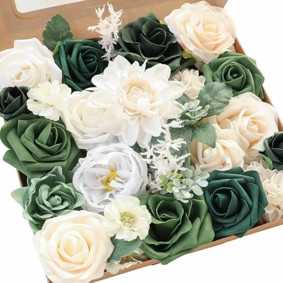 Floroom Artificial Flowers Set - Burnt Orange Fake Roses, Peonies, Dahlia & Greenery for DIY Wedding Bouquets, Bridal Centerpieces, Home Decor