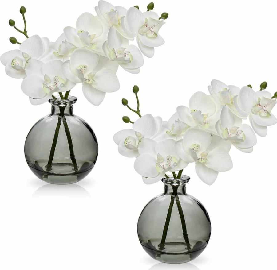 Oairse Set of 2 Real Touch White Phalaenopsis Orchid Arrangement in Black Glass Vase - Faux Flower Centerpiece for Dining Room Table Decor