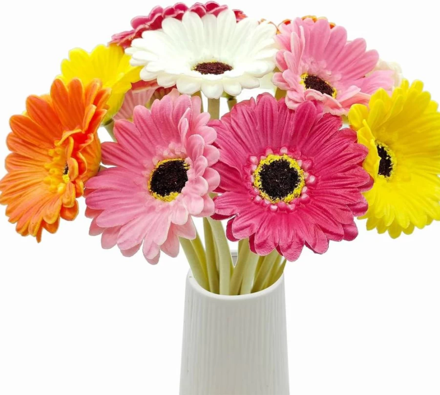 Mutcolor 15 Pcs Real Touch Artificial Gerbera Daisies Bouquet, Fake PU Flowers for Wedding, Home Decor, Vase Arrangements, Party Centerpiece