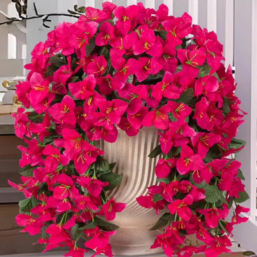 2 Pcs INXUGAO Artificial Bougainvillea Hanging Plants - UV Resistant Fake Silk Flowers for Outdoor Porch, Planter, Balcony Decor (Rose Deep Lotus)