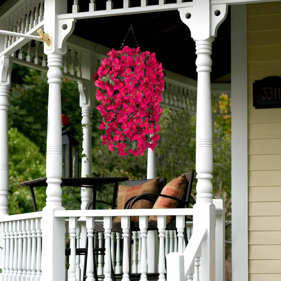 2 Pcs INXUGAO Artificial Bougainvillea Hanging Plants - UV Resistant Fake Silk Flowers for Outdoor Porch, Planter, Balcony Decor (Rose Deep Lotus)