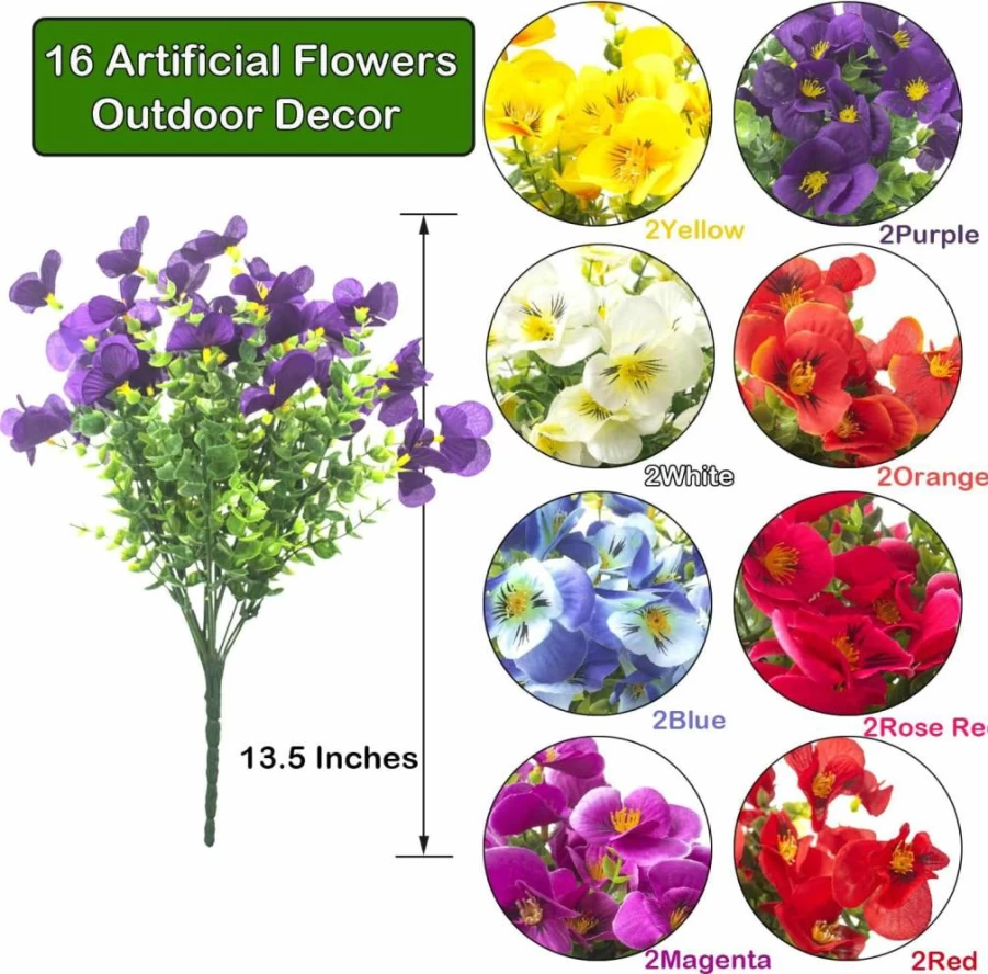 AITISOR 16 Pack Artificial Silk Flowers Outdoor UV Resistant Faux Plants - Realistic Hanging Box Planter for Wedding, Home, Garden, Porch, Patio Decor