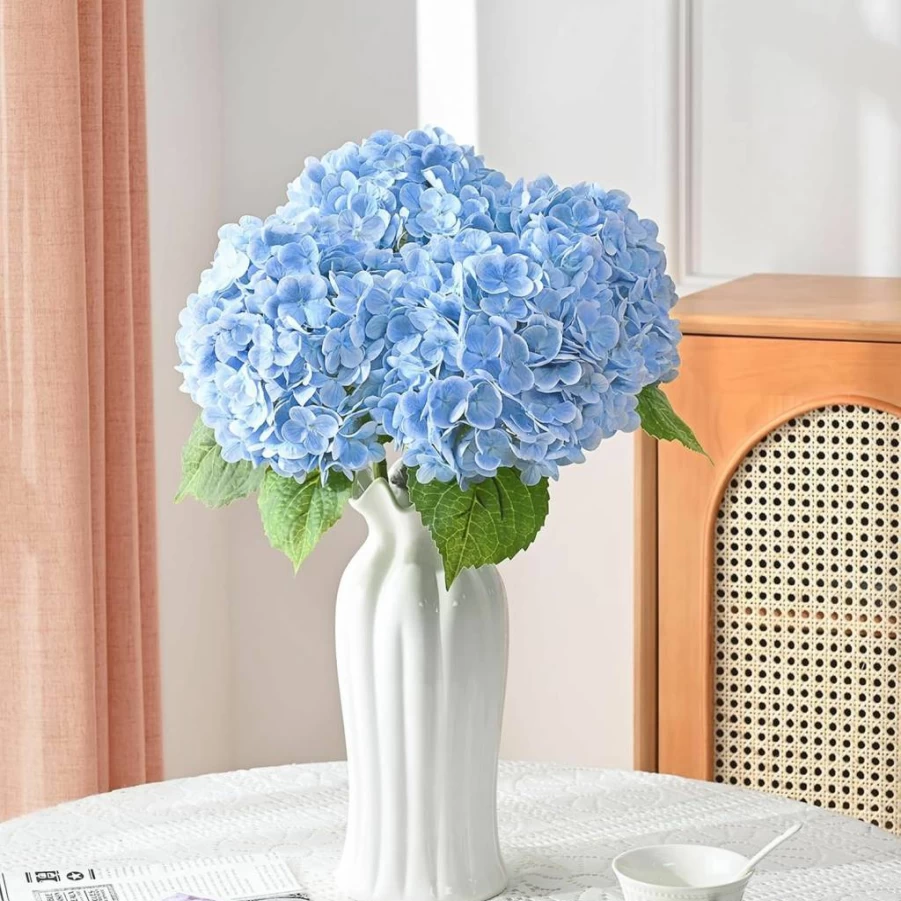 MARTINE MALL 3-Piece 21-Inch Real Touch Artificial Hydrangea Flowers, Lifelike Latex Blue Hydrangeas for Wedding Bouquets, Centerpieces, Home Decor, and Party Arrangements
