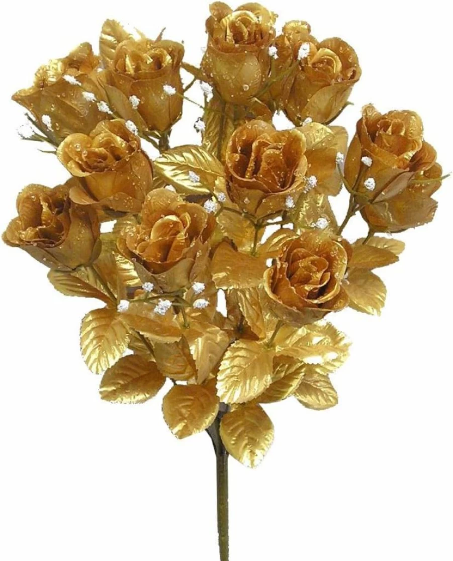 Admired By Nature 14-Stem Artificial Roses Bloom Bush, Faux Flower Arrangement for Indoor Outdoor Wedding Home Decor, Spring Summer Gold Cemetery Grave Decor