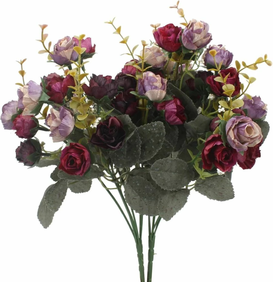 Duovlo 2 Pack Pink Artificial Roses Bouquet - 21 Mini Rose Heads for Wedding, Home, and Office Decor