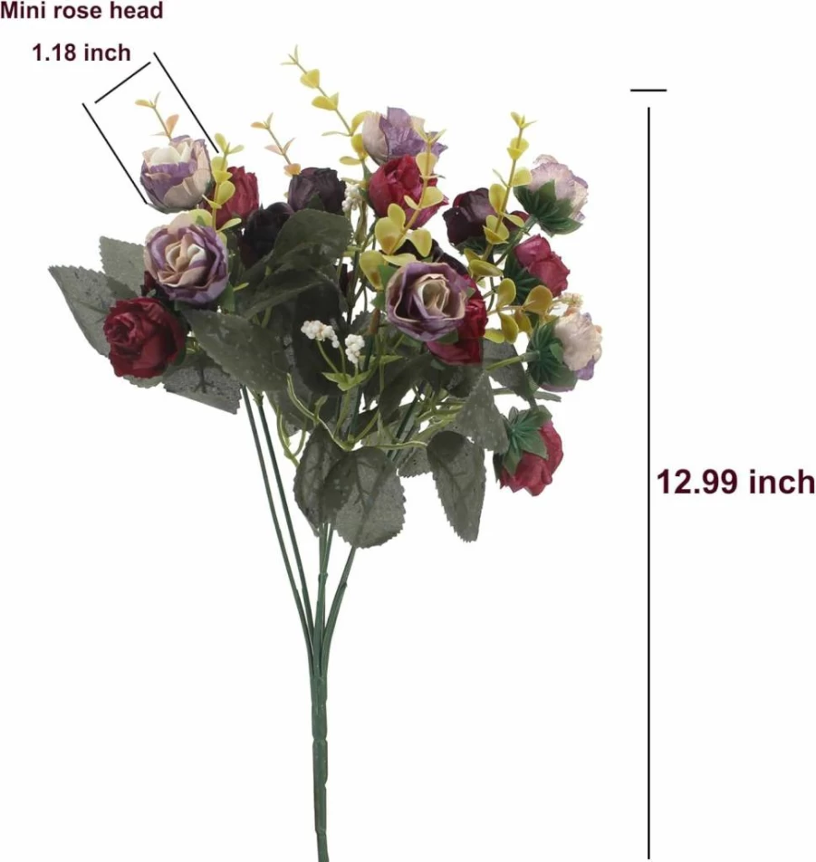 Duovlo 2 Pack Pink Artificial Roses Bouquet - 21 Mini Rose Heads for Wedding, Home, and Office Decor