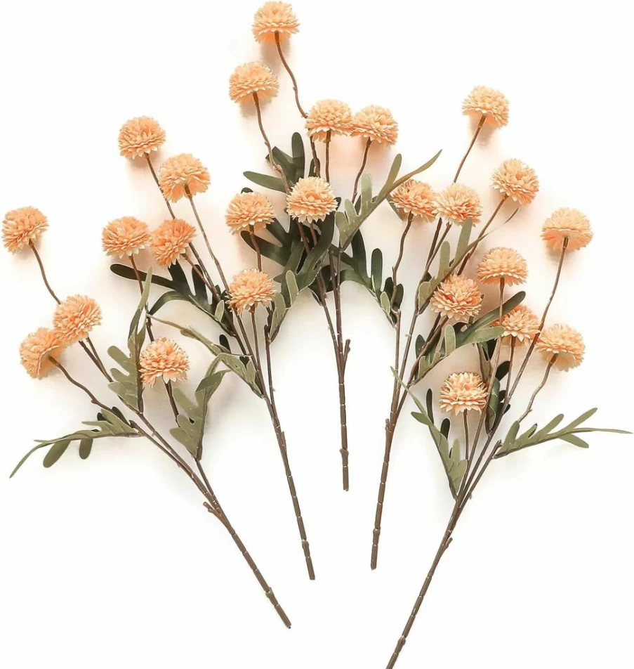 Floroom 5Pcs Artificial Silk Chrysanthemum Flowers, Beige Fake Pompon Mums with Stems for DIY Bouquets, Wedding Centerpieces, and Shower Decorations