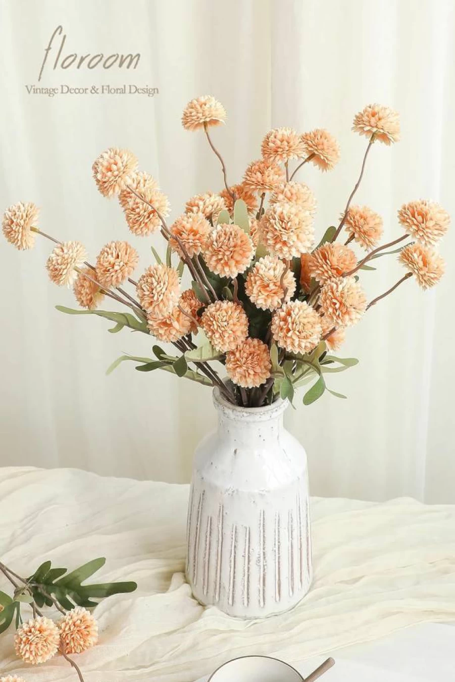 Floroom 5Pcs Artificial Silk Chrysanthemum Flowers, Beige Fake Pompon Mums with Stems for DIY Bouquets, Wedding Centerpieces, and Shower Decorations