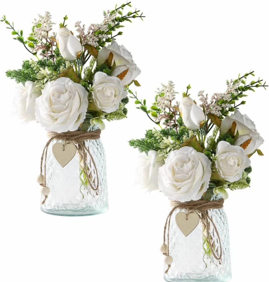 Flojery 2 Pack Artificial Silk Roses in Vase - White Faux Flower Arrangement for Farmhouse Decor