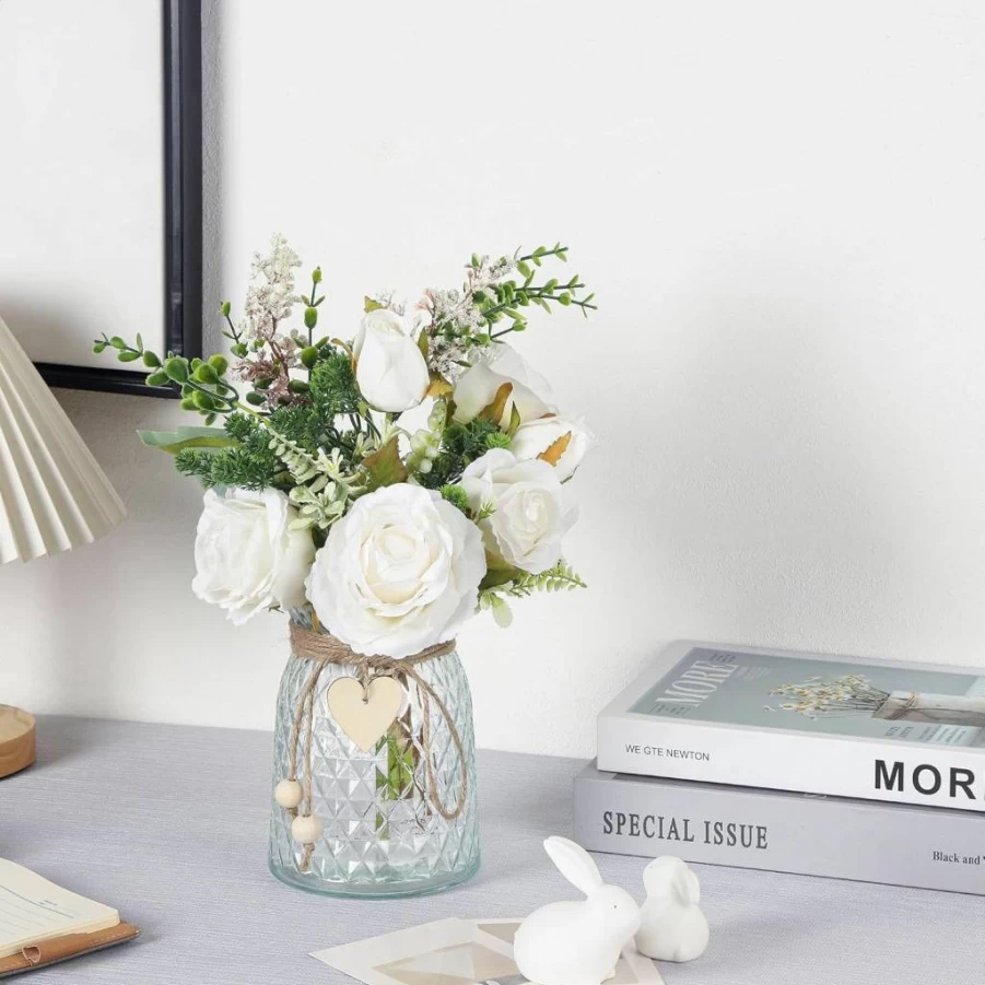 Flojery 2 Pack Artificial Silk Roses in Vase - White Faux Flower Arrangement for Farmhouse Decor