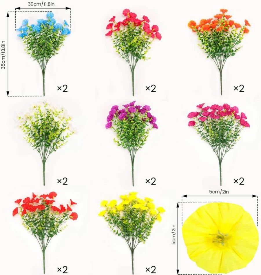 SIECCY 16 Bundles UV Resistant Artificial Morning Glory Flowers for Outdoor Decor - Realistic Faux Silk Plants for Porch, Patio, Planter, Yard, Front Door (Spring Summer Decoration)