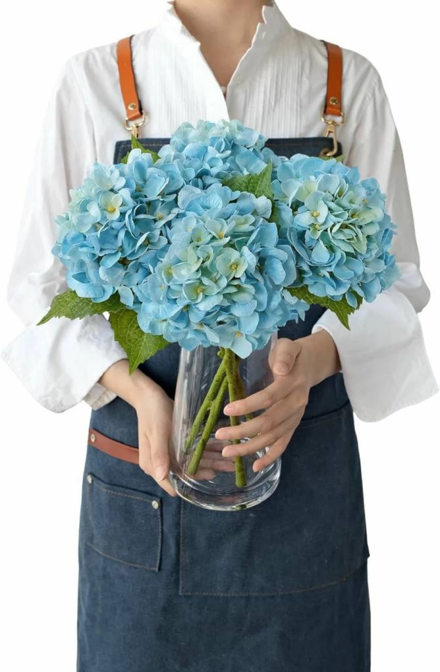 JINWOE 4Pcs 21" Light Blue Hydrangea Artificial Flowers, Real Touch Latex Silk Faux Bouquet for Wedding Centerpieces, Home Decor, Party, Vintage Table Arrangements