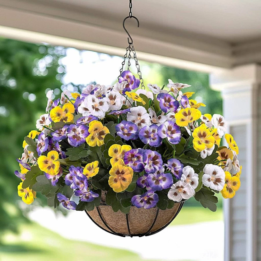 Alupssuc 12 Bundles UV Resistant Artificial Hanging Flowers for Outdoor Decor, Fake Pansies in 3 Colors for Garden, Porch, Front Door, and Planter Basket