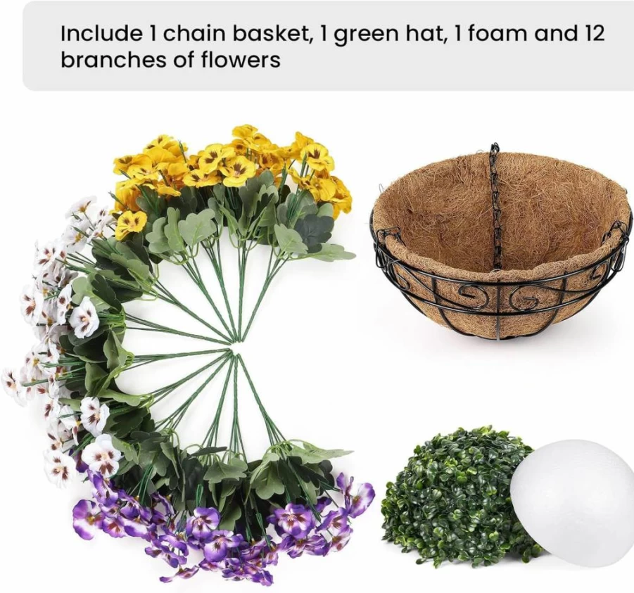 Alupssuc 12 Bundles UV Resistant Artificial Hanging Flowers for Outdoor Decor, Fake Pansies in 3 Colors for Garden, Porch, Front Door, and Planter Basket