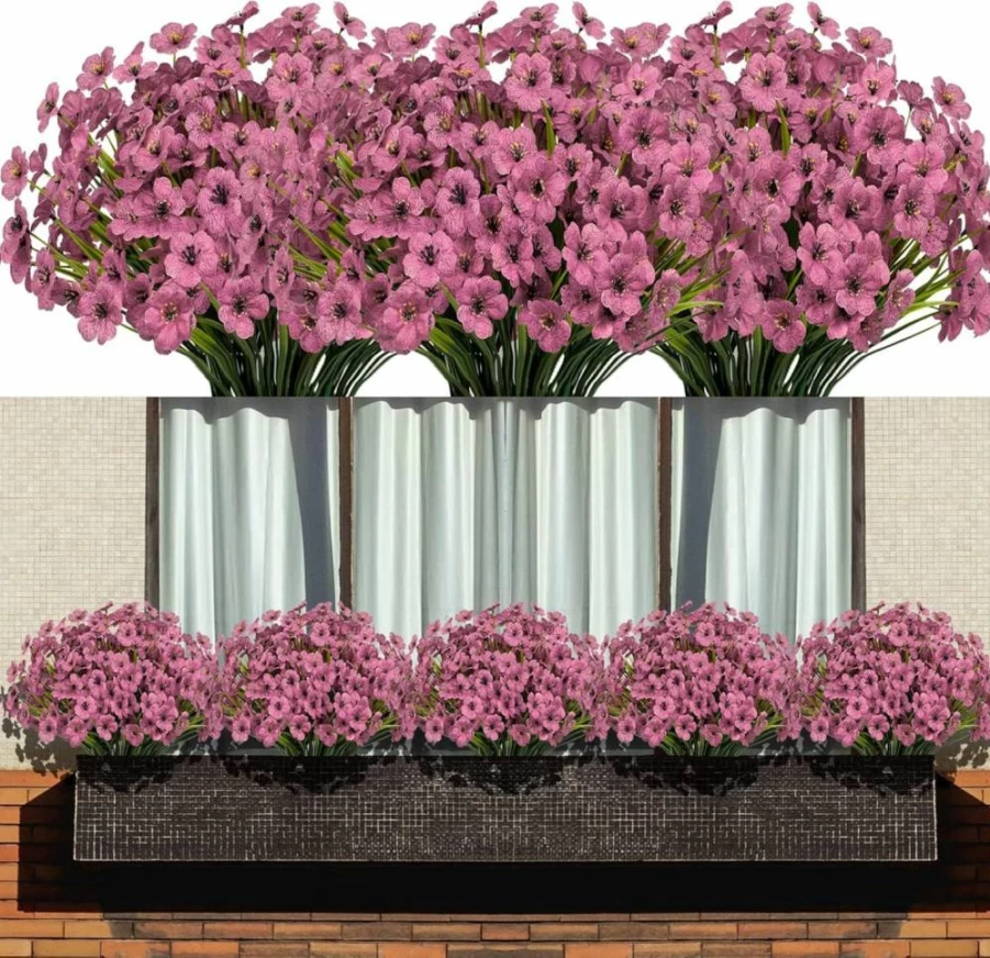 LANKAMO 15 Bundles UV Resistant Artificial Silk Flowers for Outdoor Indoor Decor - Purple Faux Plants for Hanging Planters, Wedding, Home, Office, Garden