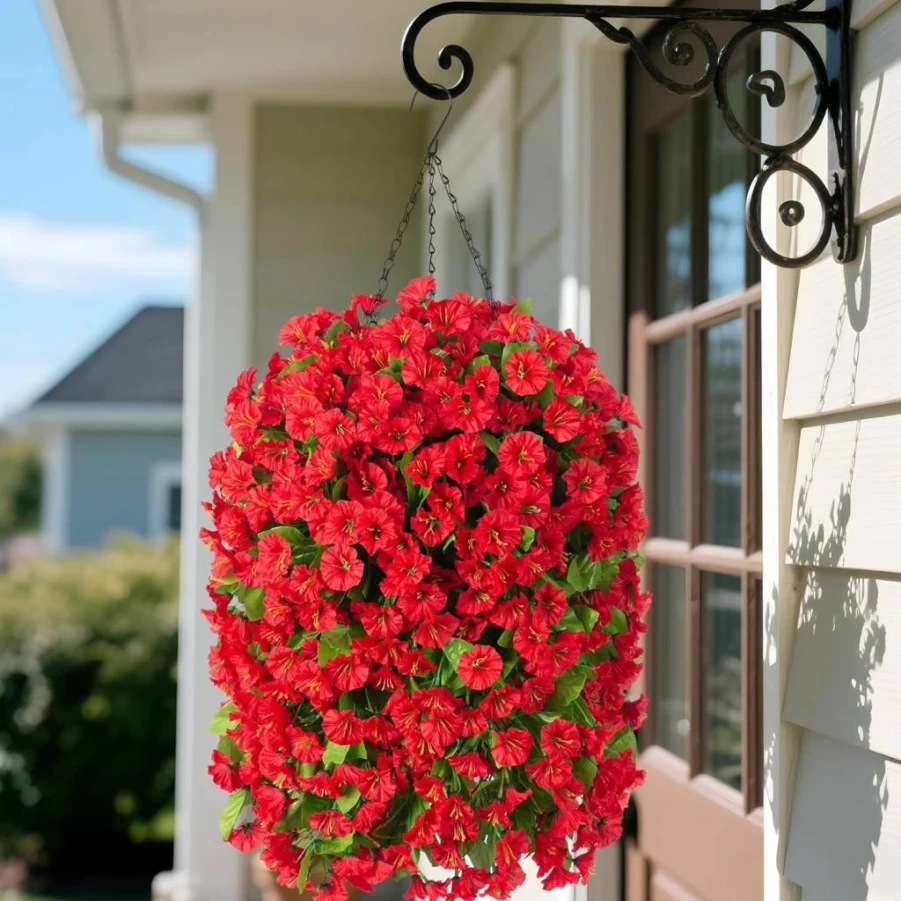 Ammyoo Pink Artificial Hanging Flower Basket - UV Resistant Faux Morning Glory and Eucalyptus Planter for Outdoor Porch, Patio, Balcony, Yard Decor (Realistic Silk Flowers)