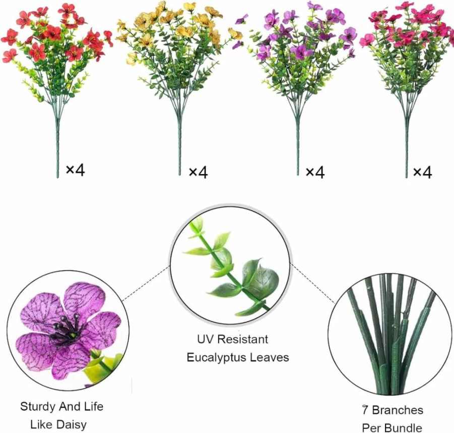 Cherica UV Resistant Artificial Flowers for Outdoors - 8 Bundles Fake Plastic Plants, Faux Spring Silk Flowers for Outside Decor