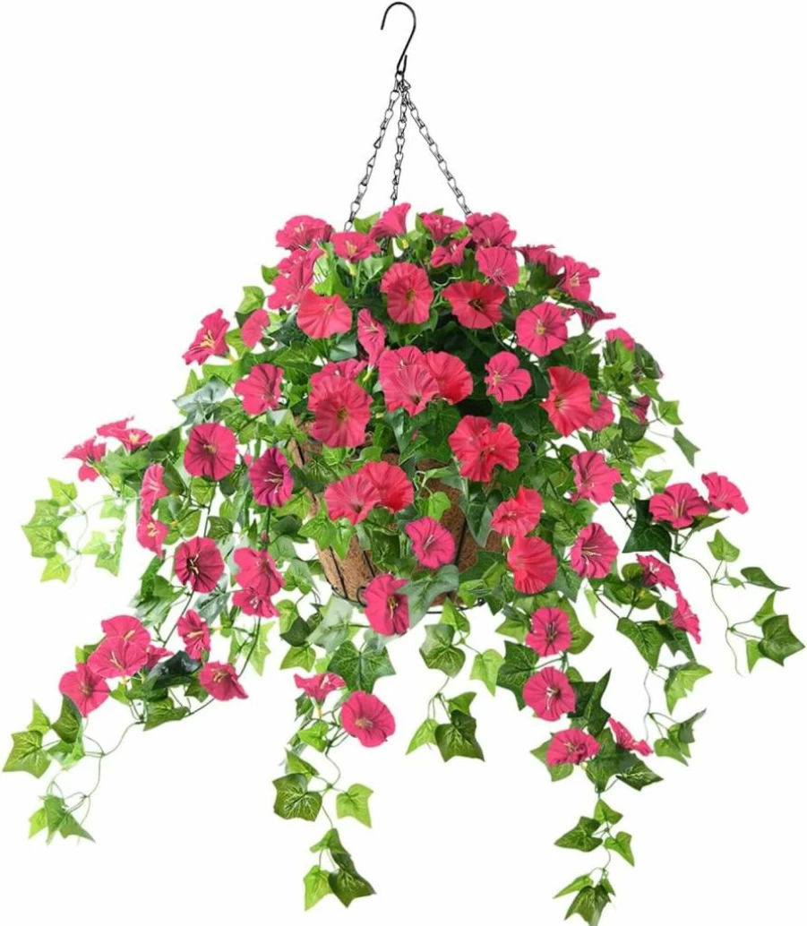 Homsunny Artificial Purple Petunia Hanging Basket - Silk Vine Flowers for Patio, Garden, Porch Decor with Coconut Lining - Spring Lawn Outdoor Decoration