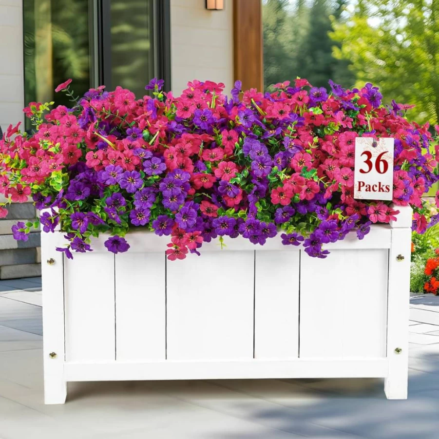Alupssuc 24 Pack UV Resistant Artificial Flowers Outdoor Decor, Faux Silk Violet Eucalyptus Plants for Patio, Yard, Porch, Indoor - Spring Mix (4 Colors)
